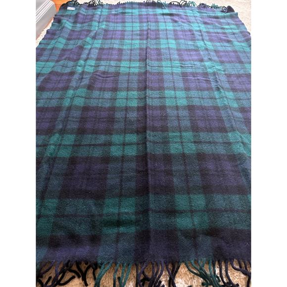 Vintage Pendleton Wool Throw Blanket Plaid 52x72” fringed dark blue green - Picture 2 of 12